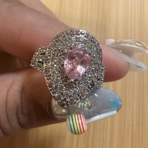 Pink Stone encrusted crystals silver ring size 9